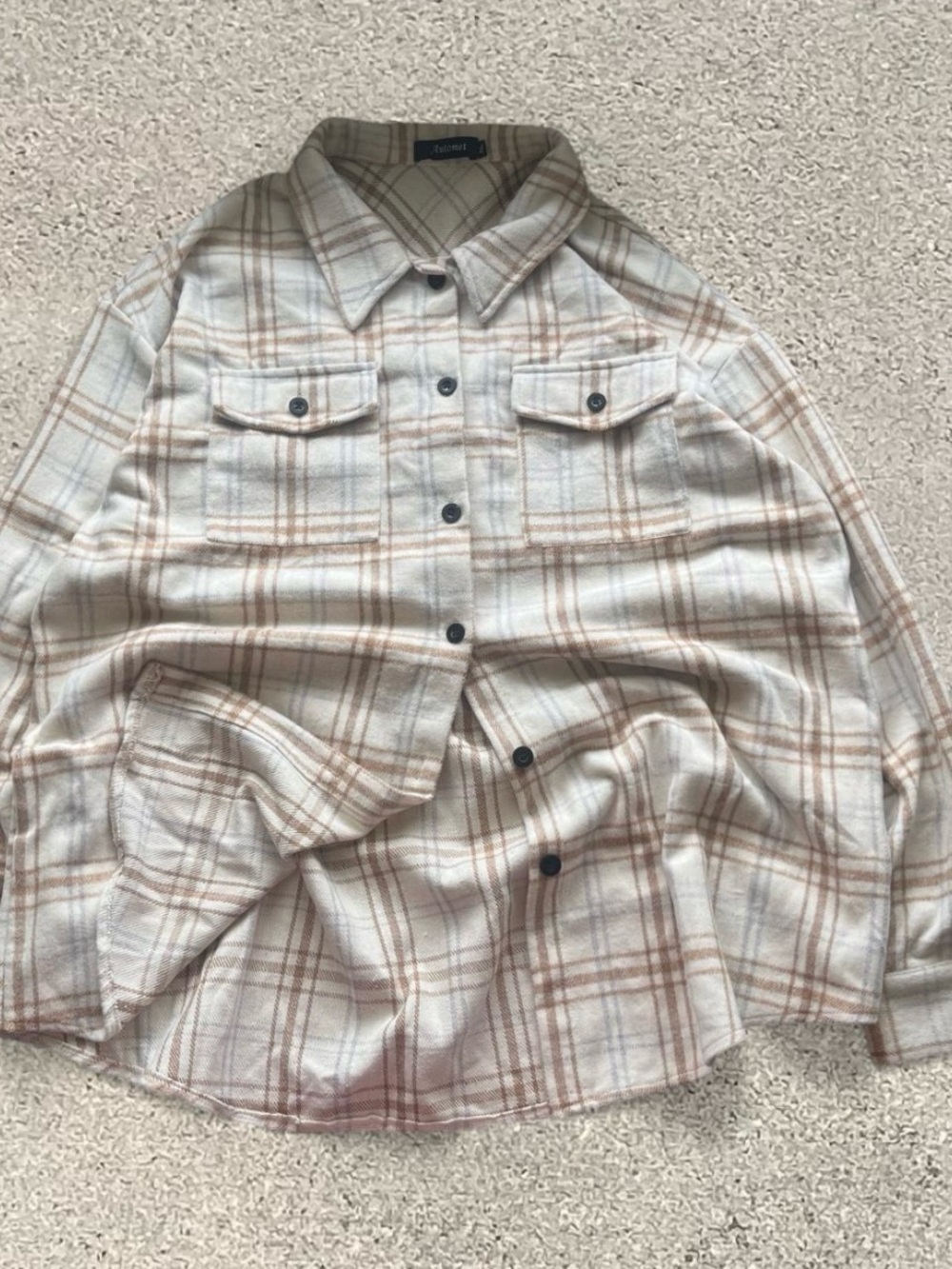 Plaid Button-Up Shacket in Cream and Tan